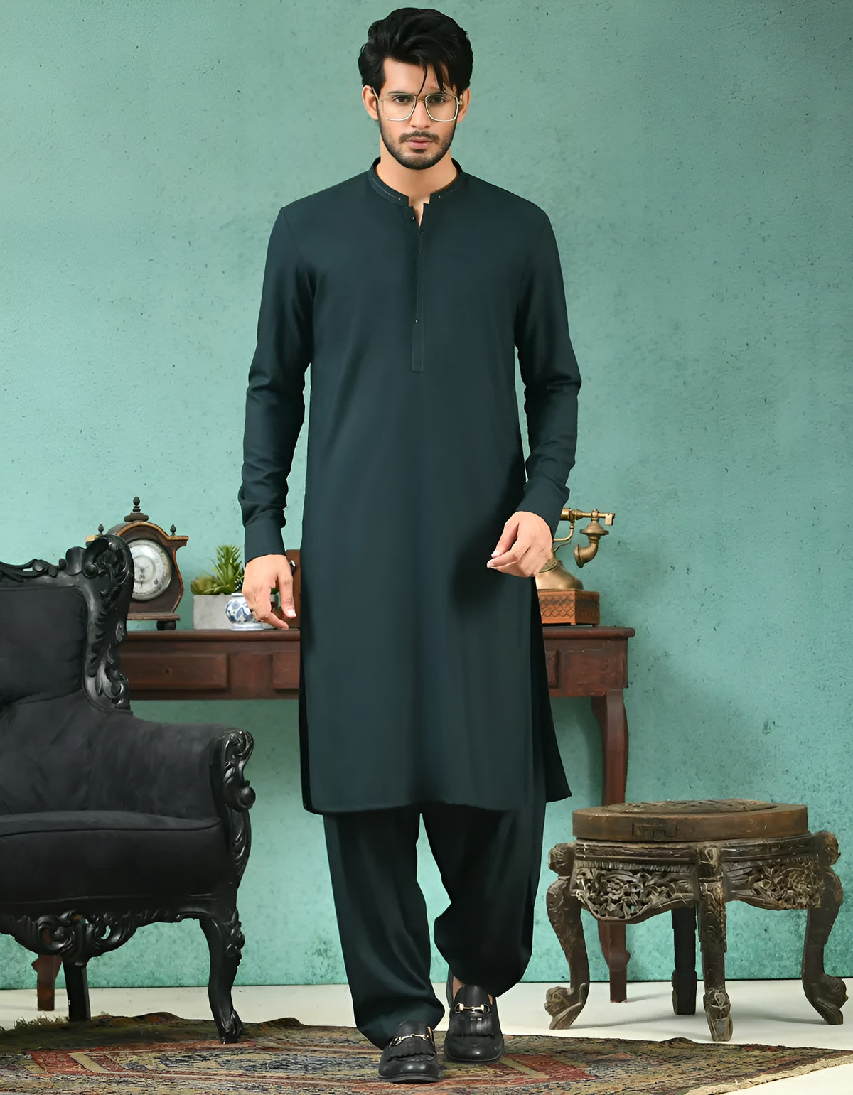 Men's Stitch Premium Dark Green Wash & Wear - Shalwar Kameez