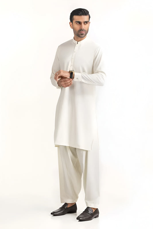 Men's Stitched Premium Cream White Boski Shalwar Kameez